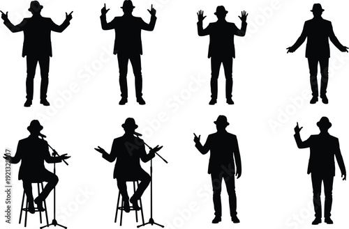 Male Singer and Speaker Silhouette Set Performing with Microphone, Gesturing on Stage, Standing and Sitting Poses Isolated on White Background Entertainment Concept