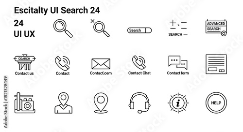 Collection of 15 UI UX vector line icons for search contact and help functions in modern design