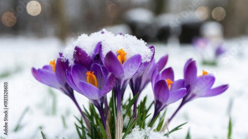 Purple crocuses blooming through snow in early spring garden.