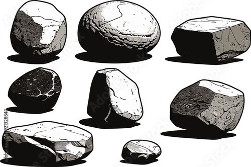 Hand drawn set of various rocks and stones, isolated boulder sketches, grey geological elements for nature landscape design on white background, vector,