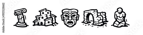Ancient Ruins, Mythology, and Historical Artifacts Icons. Hand-Drawn Symbols.