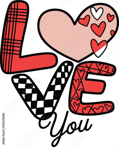 Hand, drawn, love, you, text, with, heart, and, patterns, for, valentines, day, card, sublimation, design, isolated, on, white, background, romantic, lettering, vector.