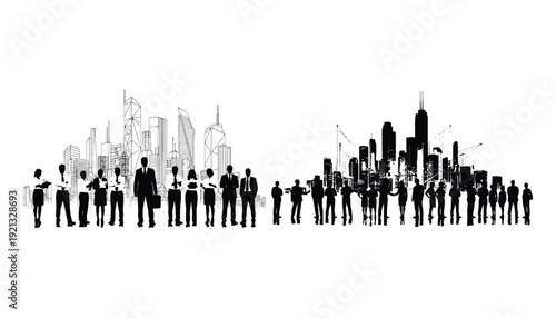 Gender equality business silhouette: diverse professionals in urban landscape