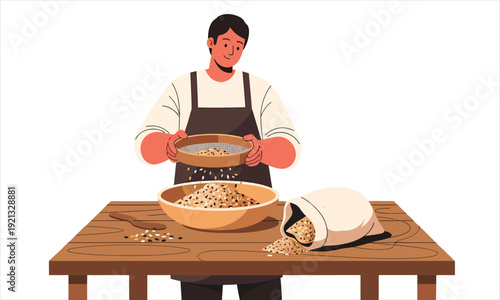 A man sifting grains in a wooden bowl