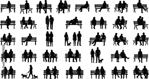 People sitting on park bench silhouettes collection, couples, friends and families relaxing outdoors, urban lifestyle black vector illustration isolated on white