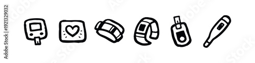 Medical Devices and Health Monitoring Icons Set. Hand-Drawn Healthcare Symbols.