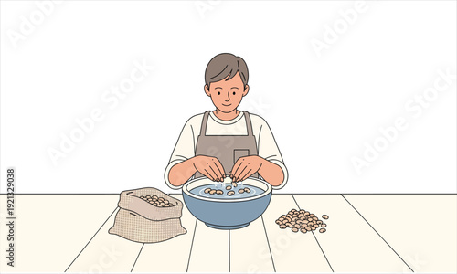 A person soaking and cleaning dried beans in a water bowl