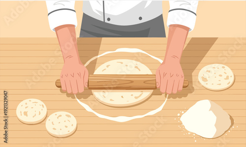 Hands flattening round dough on a wooden table using a rolling pin