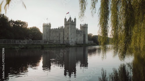 Castle reflected in serene lake water.