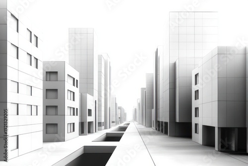 Empty minimalist monochrome city street lined with tall blocky modern buildings, recessed sidewalk openings and strong vanishing-point perspective evoking sterile isolation