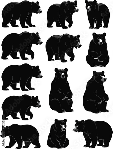 People walking dogs silhouette set featuring families and individuals with pets, outdoor exercise activity, domestic animal friendship vector, isolated black graphic icons.