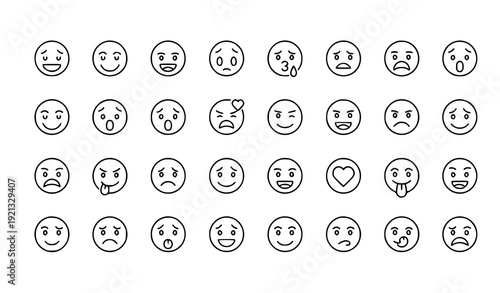 Outline emotion icons set of 30 facial expressions linear editable stroke vector illustration