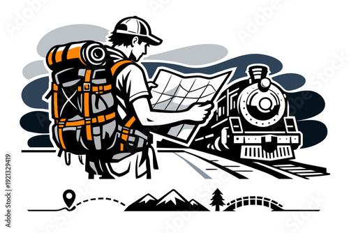 Traveler with Backpack and Map at Train Station.