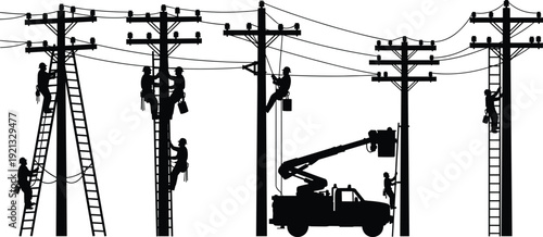 Silhouette of Electrical Line Workers Repairing Power Lines on Utility Poles with Bucket Truck, Electricity Maintenance Crew Working at Height Industrial Energy Infrastructure Concept
