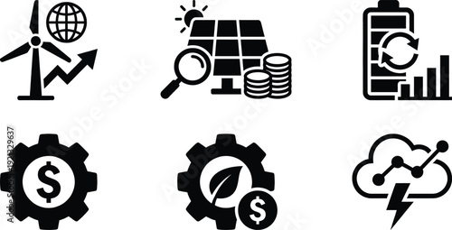 Sustainable energy icons for market analysis and renewable technology