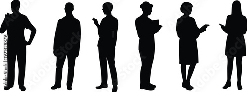 Business people silhouettes set, professional office men and women standing with documents and smartphone, black vector illustration isolated on white background