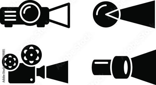 Projector lens emitting bright light beam icon conceptual