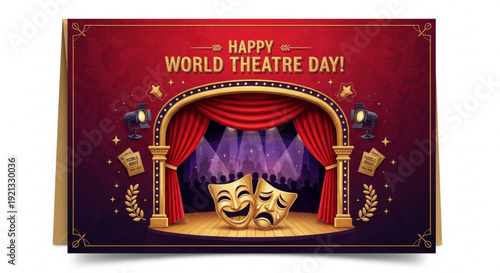 Theatrical masks on stage with red curtains happy world theatre day poster golden accents and starry night background