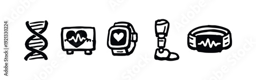 Biotechnology and Health Monitoring Icons Set, Doodle Style