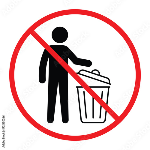 No littering prohibition sign showing a person throwing trash into a bin crossed by a red circle and diagonal line. Simple black pictogram on light background, ideal for public notice, hygiene and saf