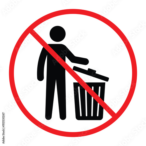 No littering prohibition sign showing a person throwing trash into a bin crossed by a red circle and diagonal line. Simple black pictogram on light background, ideal for public notice, hygiene and saf