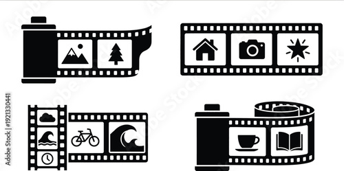 Movie film strip with photographic gallery thumbnail icons