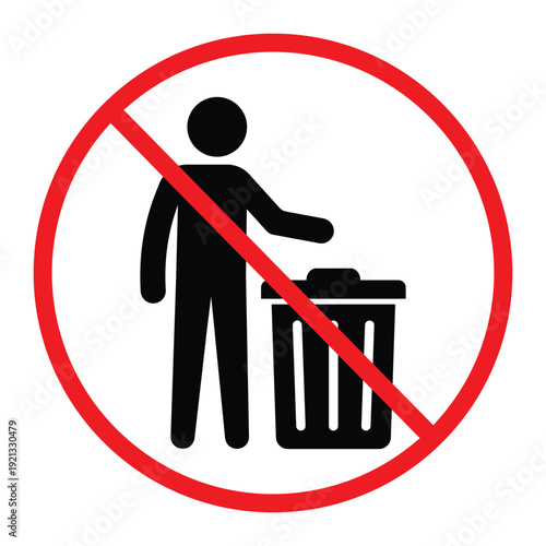 No littering prohibition sign showing a person throwing trash into a bin crossed by a red circle and diagonal line. Simple black pictogram on light background, ideal for public notice, hygiene and saf