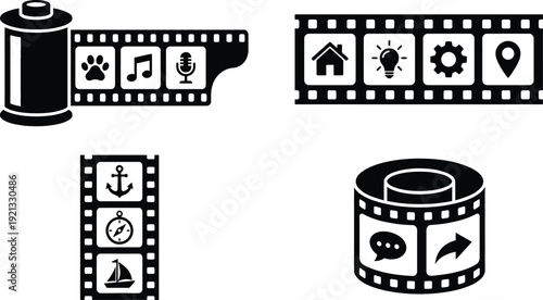 Movie film strip with photographic gallery thumbnail icons