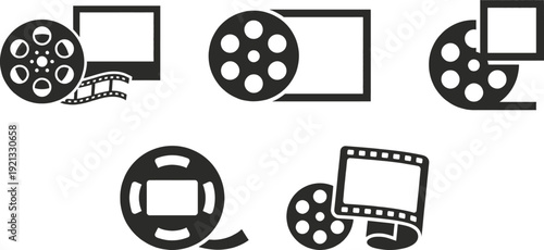 Film reel icon with photo frame symbol minimalist vector