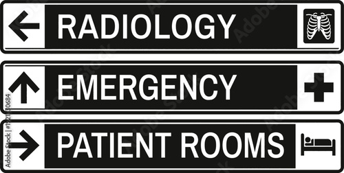 Wayfinding signage in a minimalist hospital corridor interior