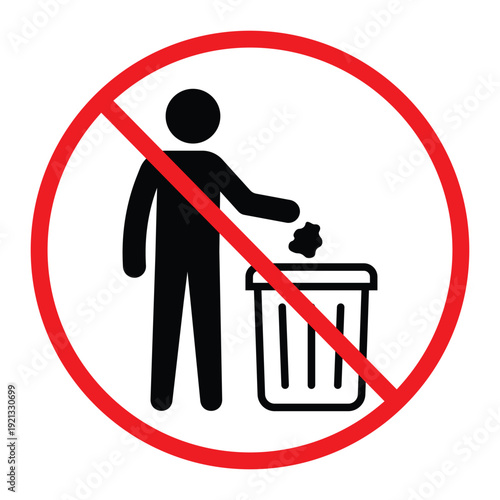 No littering prohibition sign showing a person throwing trash into a bin crossed by a red circle and diagonal line. Simple black pictogram on light background, ideal for public notice, hygiene and saf
