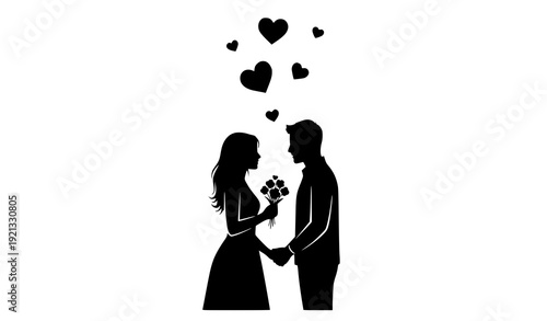 Valentine Day Couple Holding Hands Silhouette Vector with Hearts and Flowers on White