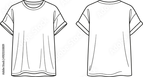 Men's basic short sleeve t shirt front and back view, casual fashion line art illustration isolated background