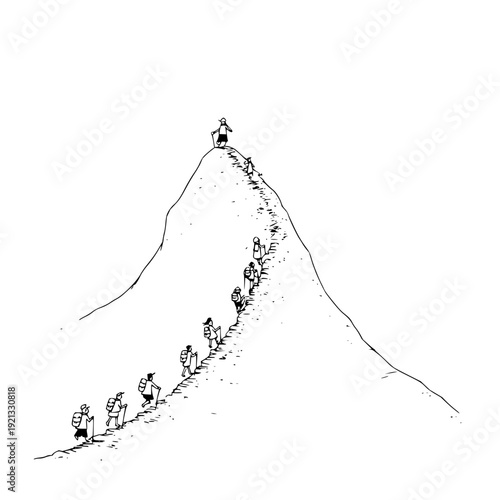 Group of people climbing a mountain one person ahead leadership and success concept inspirational journey to the top black and white illustration