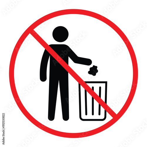No littering prohibition sign showing a person throwing trash into a bin crossed by a red circle and diagonal line. Simple black pictogram on light background, ideal for public notice, hygiene and saf