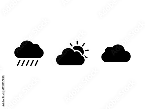 Weather forecast icons showing rainy cloud, sun behind cloud, and overcast sky silhouette set