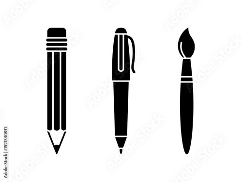 Creative tools icon set featuring a graphite pencil, ink pen, and artist paint brush silhouette
