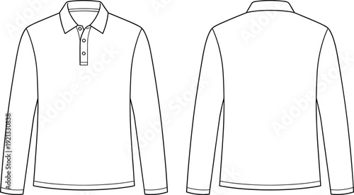 Men's classic long sleeve polo shirt front and back view, minimalist fashion line art illustration isolated background