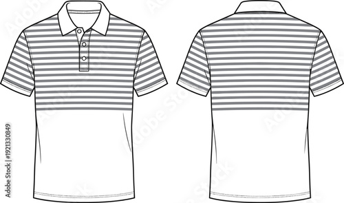 Men striped polo shirt front and back view, casual short sleeve t shirt fashion technical line illustration