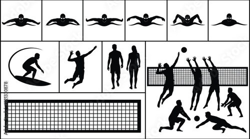 Swimming, surfing and volleyball player silhouettes collection, aquatic and beach sports action poses, black vector illustration isolated on white background