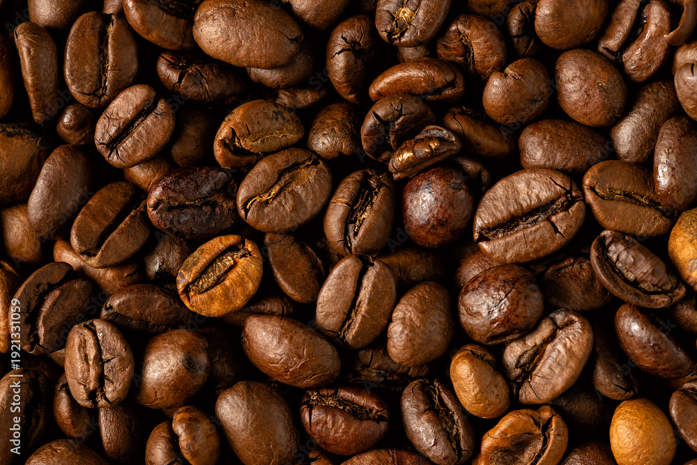 Fototapeta premium Close Up Macro Texture of Dark Roasted Coffee Beans Background