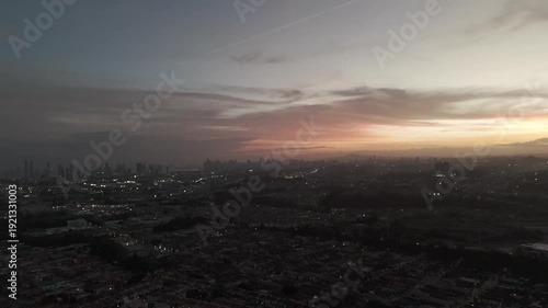 Panama City Skyline at Sunset Aerial View with Modern Skyscrapers and Pacific Ocean