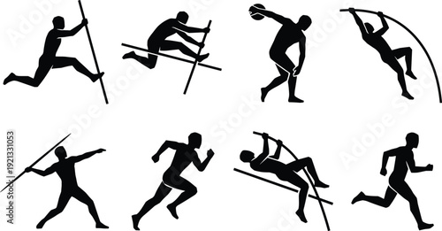 Track and field athlete silhouettes collection, pole vault, javelin throw, running and high jump sports black vector illustration isolated on white