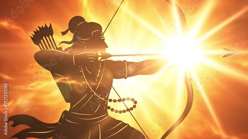 Silhouette of archer with bow and arrow against bright orange background with jai shri ram text