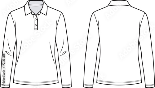 Men's long sleeve polo shirt front and back view, casual fashion line art illustration isolated background