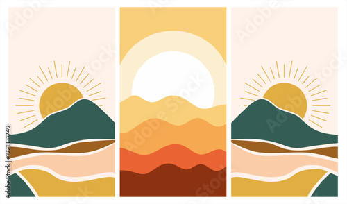 Set of three minimalist landscape posters. Modern flat vector illustration of sun rising over mountains and hills