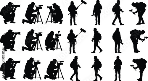 Video production crew silhouettes collection, cameraman with tripod, boom operator and filmmaker shooting documentary footage, media industry black vector illustration isolated