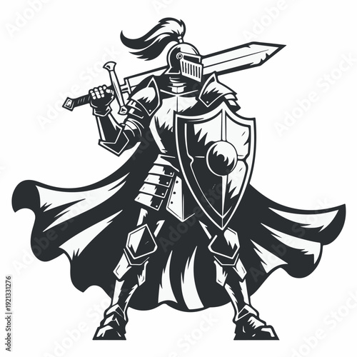 Mighty medieval knight in full battle armor standing with a broadsword and shield, ready for combat, embodying strength and historic valor