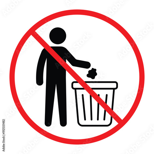No littering prohibition sign showing a person throwing trash into a bin crossed by a red circle and diagonal line. Simple black pictogram on light background, ideal for public notice, hygiene and saf