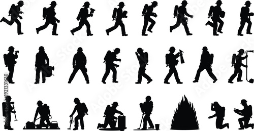 Firefighter silhouettes collection, fireman emergency rescue action poses set, black vector illustration isolated on white background firefighting concept